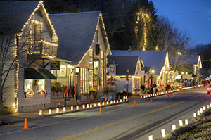 street decorated for Christmas with lights